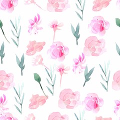 Pattern pink flowers roses peonies fuchsia for fabric and textiles eucalyptus leaves