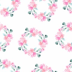 Plakat Pattern pink flowers roses peonies fuchsia for fabric and textiles eucalyptus leaves