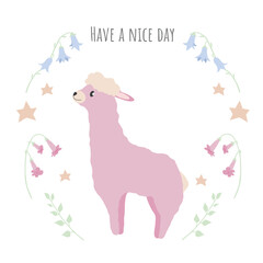 Vector card template with cute pink alpaca, bell flowers, stars and leaves