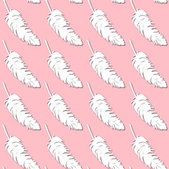 White bird's feather silhouette on pale pink background, seamless pattern. Paper cut style - 367066521