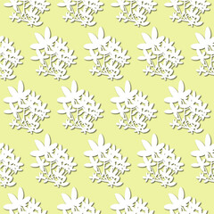White plant, flowers silhouette on pale green background, seamless pattern. Paper cut style - 367066535