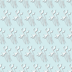 White plant, flowers silhouette on pale blue background, seamless pattern. Paper cut style - 367066545