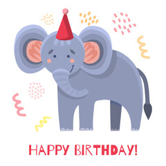 A cute cartoon gray elephant wearing a festive pink hat with big ears. Vector greeting card and happy birthday. Animal safari print for kids and toddlers. Cute animal for printing on cards, posters