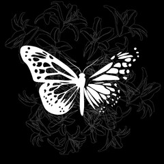 elegant dark illustration of butterfly and lilies