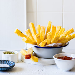 Polenta Chips with Ketchup and Pesto
