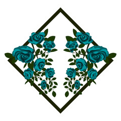 two bouquets of reflected beautiful blooming blue roses in the rhombus