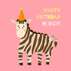 Kind striped zebra on a pink background. Greeting card and invitation to a child's birthday party. Toddler design, safari horse print on t-shirt, tableware, poster. Flat style animal. Vector