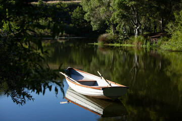 white rowboat with oars sitting still in reflective lake surrounded by lush trees