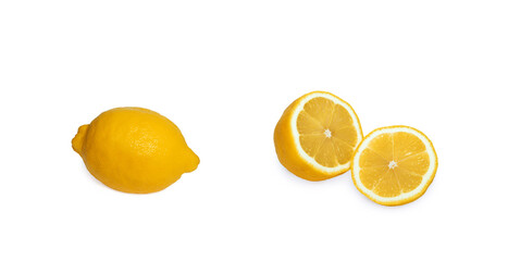 Lemon whole and cut, yellow fruit on white background, isolate, food, vitamin C