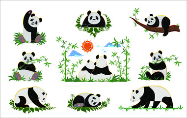 Set of cute pandas with bamboo. Asian style. Design for greeting cards, banners and designs.