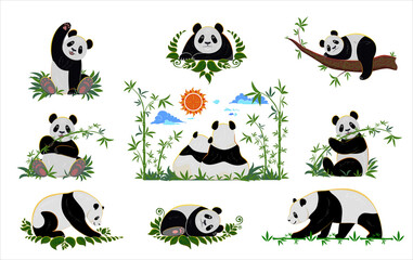 Asian style panda collection with bamboo © Анастасия Савостьяно