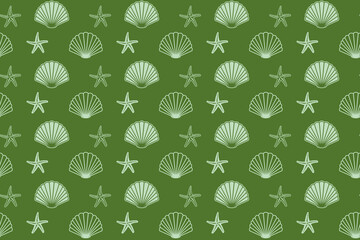 motif transparent vert avec coquillages et étoiles de mer - fond vectoriel