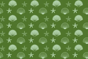 Gordijnen groen naadloos patroon met schelpen en zeester - vector background © olenadesign