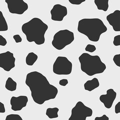 Cow skin texture, black and white spot repeated seamless pattern. Animal print dalmatian dog stains. Vector