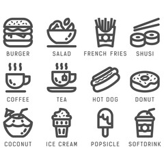 Food and drink icon set with line style in isolated white background. Food and drink vector icon set, burger, coconut, salad, hotdog, shusi, softdrink, french fries, bbq, donut, tea, coffee and other