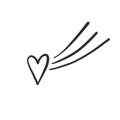 Heart comet. Simple icon. Black doodle on white background. Textile design texture. Vector line sketch.