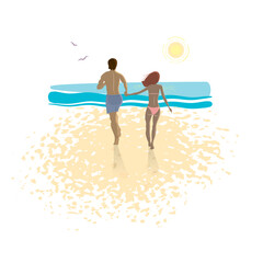 A young man and a girl holding hands, running along the beach to the sea to swim, leaving footprints in the sand. Happy young couple in love on the beach. 