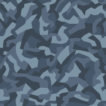 Geometric camouflage seamless pattern. Abstract modern military urban texture. Blue color background. Vector illustration.