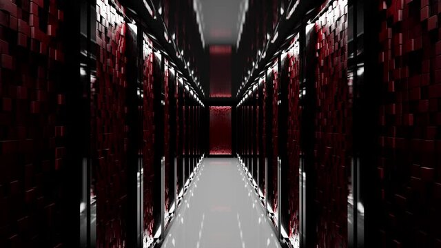Conceptual Cloud data server panels in a server room of a data center. Dolly Shot in 4K High Quality 3D Animation