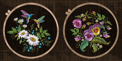 Embroidery collection. Humming bird and summer flowers. Template tambour frame with a canvas, elements from stitches. Art for clothes © Matrioshka