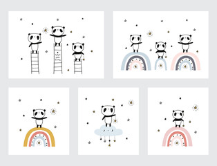 Set of posters with little cute pandas. Vector.