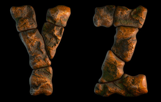 Set of rocky letters Y, Z. Font of stone on black background. 3d