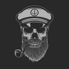 Illustration of bearded skull of sea captain. Design element for logo, emblem, sign, poster, card, banner.