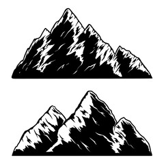 Set of illustrations of mountains in engraving style. Design element for logo, emblem, sign, poster, card, banner.