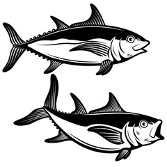 Illustrations of tuna fish in engraving style. Design element for poster, card, banner, logo, label, sign, badge, t shirt.