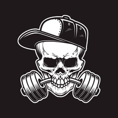 Illustration of skull with barbell in teeth in engraving style. Skull in baseball cap. Design element for logo, emblem, sign, poster, card, banner.