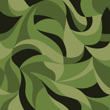 Curly waves tracery, colored curved lines. Stylized abstract camouflage petals pattern. Vector green khaki seamless camo background. Texture wallpapers for printing on paper or fabric