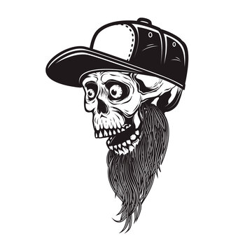 Illustration of bearded skull in baseball cap in engraving style. Design element for logo, emblem, sign, poster, card, banner.