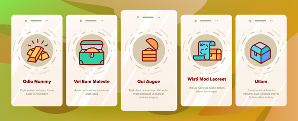 Treasure Pirate Gold Onboarding Mobile App Page Screen Vector. Treasure Chest And Bag With Golden Coins, Map With Location And Island, Illustrations