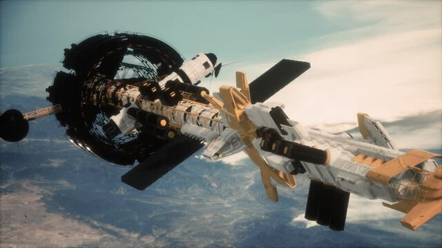 futuristic spaceship near the Earth. Elements of this image furnished by NASA