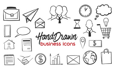 Hand drawn cartoon business icon for web design. Doodle elemnts design set. Vector sketch illustration on white background
