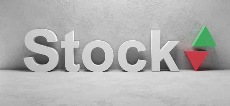 cgi render image of the word Stock, concrete wall in a room, up and down arrows, concept image for stock exchange