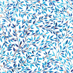 Watercolor pattern design of blue climbing vines and leaves with orange berries.