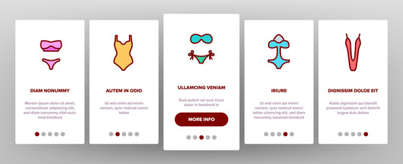 Swimsuit Woman Clothes Onboarding Mobile App Page Screen Vector. Glamor Swimsuit, Female Bikini, Underwear For Swimming, Feminine Swimwear Illustrations