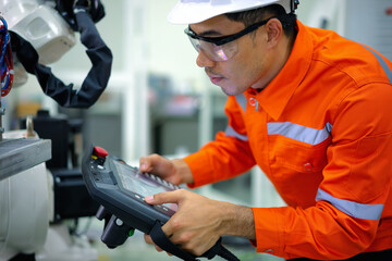 Smart factort concept: An engineer use handheld controller setting industrial robot in productionplant.