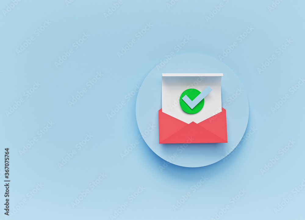 Poster open envelope with a check mark symbol. official confirmation message, mail sent successfully, verif