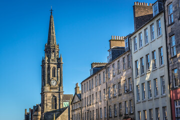 Fototapeta na wymiar Bell tower of Tron Kirk former parish church in the Old Town of Edinburgh city, Scotland, UK