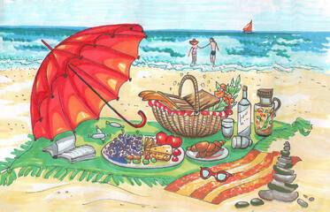 picnic basket red imbrella on the beach