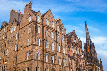 Buildings and tower The Hub seen from Johnston Terrace street in the Old Town of Edinburgh city, Scotland, UK