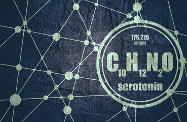 Chemical formula of hormone serotonin. Infographics illustration.