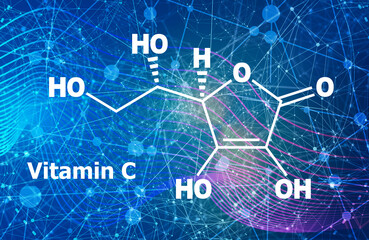 Structural chemical formula of ascorbic acid. Connected lines with dots background.