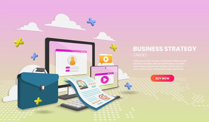 Business strategy concept with laptop and document Vector 3d.