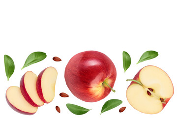 Red apple with slices isolated on white background. Top view. Flat lay with copy space for your text