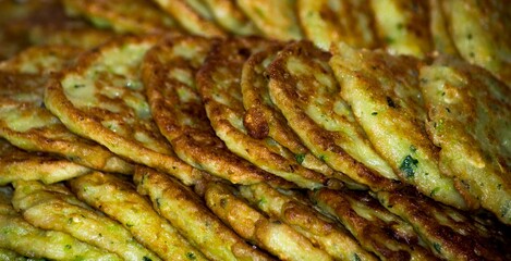 Delicious squash pancakes close up.