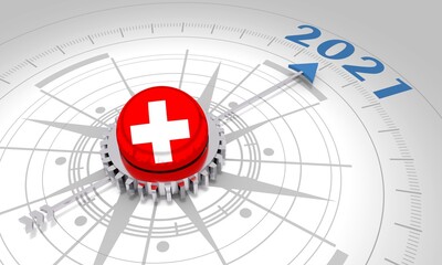 Fototapeta premium New Year greeting card template. 2021 year number. 3D rendering. Flag of the Switzerland