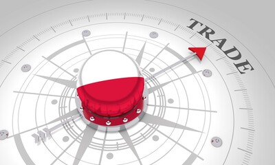 Business concept. Abstract compass points to the trade word. Flag of the Poland. 3D rendering